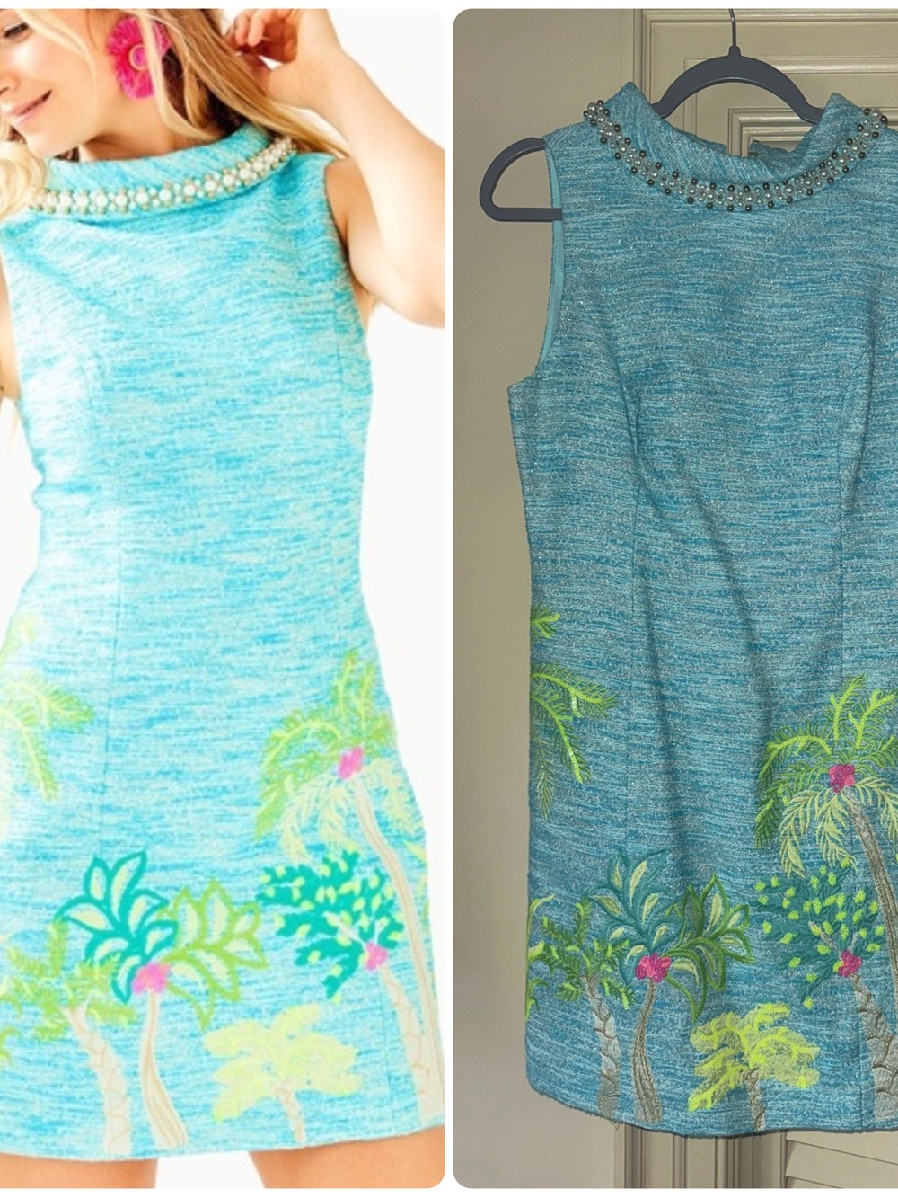 Lilly Pulitzer Portia Shift Dress with Beaded Collar and Tropical Embroidery